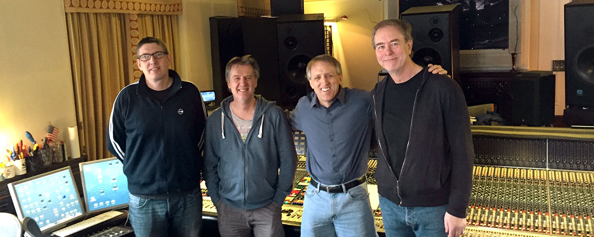 Shunyata's Grant Samuelsen with Astoria Studio manager Phil Taylor (right) and recording engineer Andy Jackson (second from left), at Astoria's famed River Thames Studio